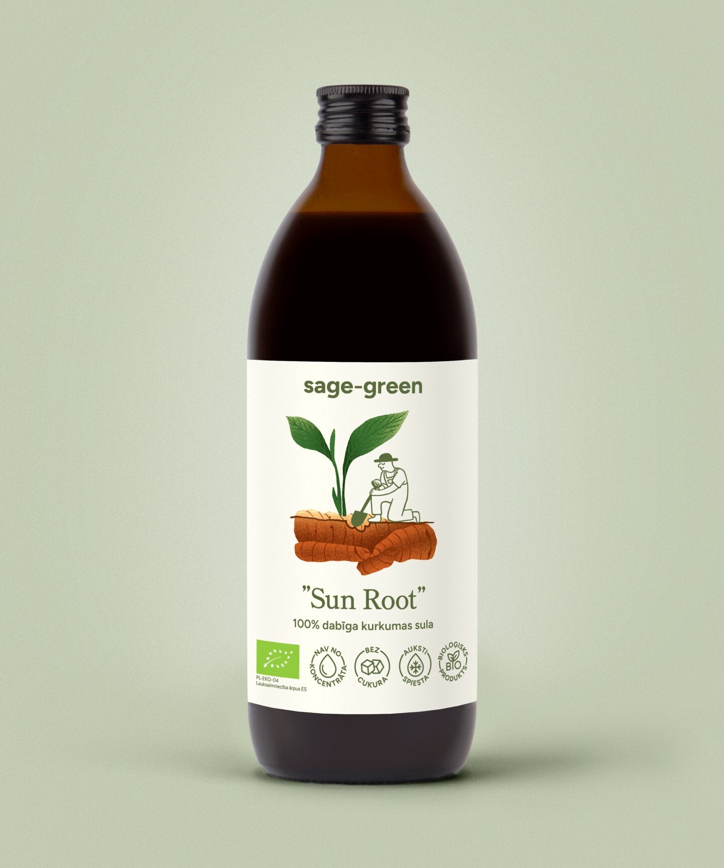 Sun Root – 100 % bioloģiskā kurkumas sula 500 ml pudelē, auksti spiesta, bez piedevām